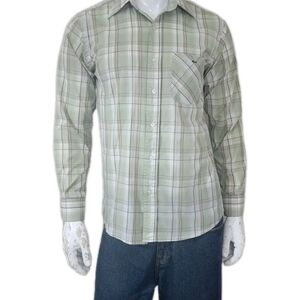 Lacoste Long Sleeve Green Brown Button Down Plaid Cotton Shirt Men's Size 40 M